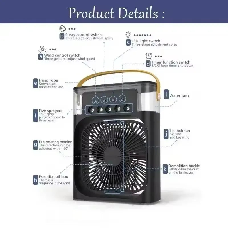 New 3-In-1 Fan, Air Conditioner, Mini Home Air Cooler, LED Night Light, Portable Humidifier, Air Conditioning Fan, Office and Ho